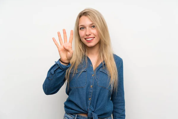 Zole Edilmiş Beyaz Duvarın Üstünde Genç Sarışın Kadın Mutlu Parmakları — Stok fotoğraf