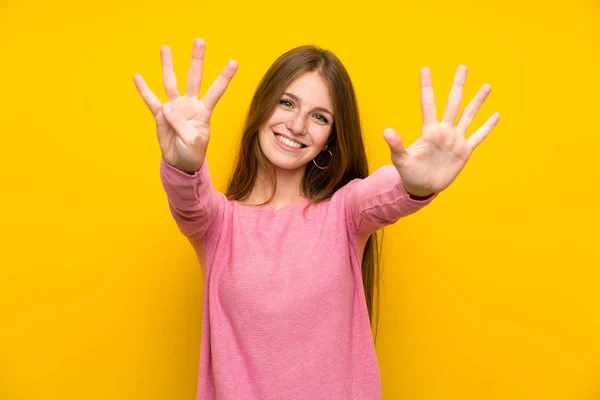 Young Woman Long Hair Isolated Yellow Wall Counting Nine Fingers — 스톡 사진