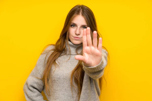 Young Woman Long Hair Yellow Background Making Stop Gesture Her — ストック写真