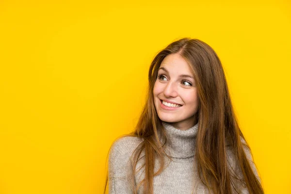 Young Woman Long Hair Yellow Background Laughing Looking — ストック写真