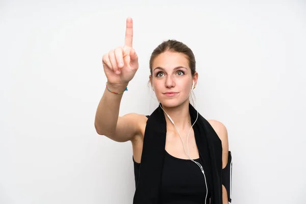 Jovem Mulher Esporte Sobre Isolado Fundo Branco Tocando Tela Transparente — Fotografia de Stock