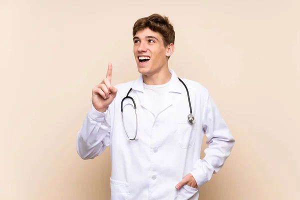Handsome Doctor Young Man Isolated Wall Intending Realizes Solution While — Stock Photo, Image