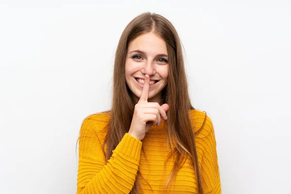 Jeune Femme Avec Jaune Sur Mur Blanc Isolé Faisant Geste — Photo