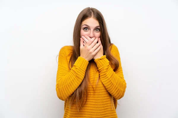 Young Woman Yellow Isolated White Wall Surprise Facial Expression — Stock Photo, Image