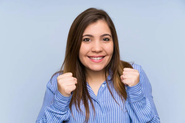 Young Girl Striped Shirt Celebrating Victory — Stock Photo, Image