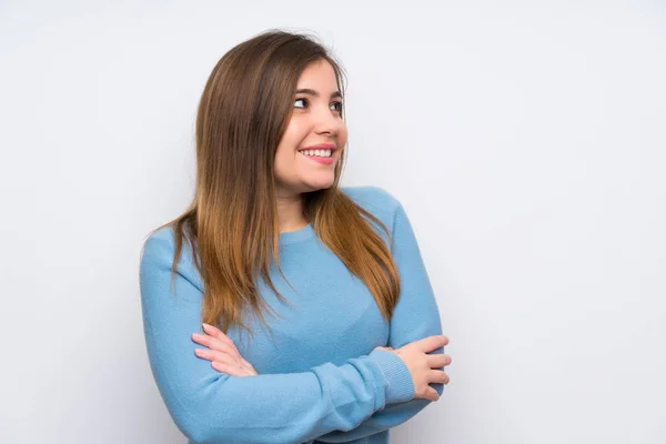 Chica Joven Con Suéter Azul Pie Mirando Lado —  Fotos de Stock