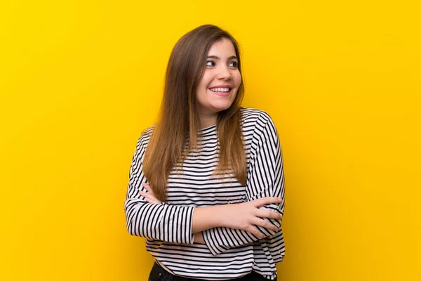 Young Girl Yellow Wall Happy Smiling — Stock Photo, Image