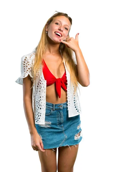 Blonde Girl Summer Vacation Making Phone Gesture Call Back Sign — Stock Photo, Image