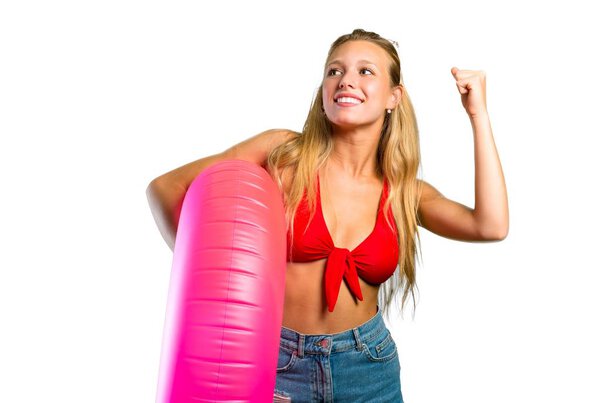 Lucky blonde woman in summer vacation on isolated white background