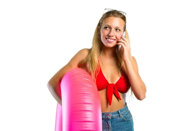 Blonde Woman Summer Vacation Talking Mobile Isolated White Background — Stock Photo, Image