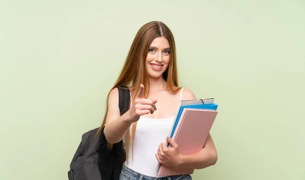 Young Student Woman Isolated Green Background Points Finger You — Stock Photo, Image