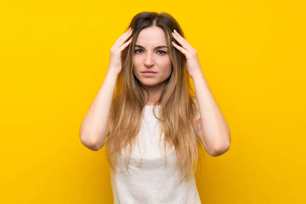 Young Woman Isolated Yellow Wall Unhappy Frustrated Something Negative Facial — Stock Photo, Image