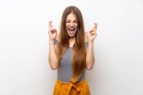 Giovane Donna Con Capelli Lunghi Oltre Isolato Muro Bianco Con — Foto Stock