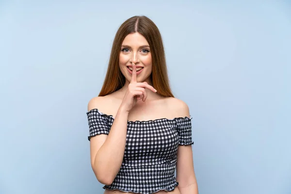 Young Woman Isolated Blue Background Doing Silence Gesture — Stock Photo, Image