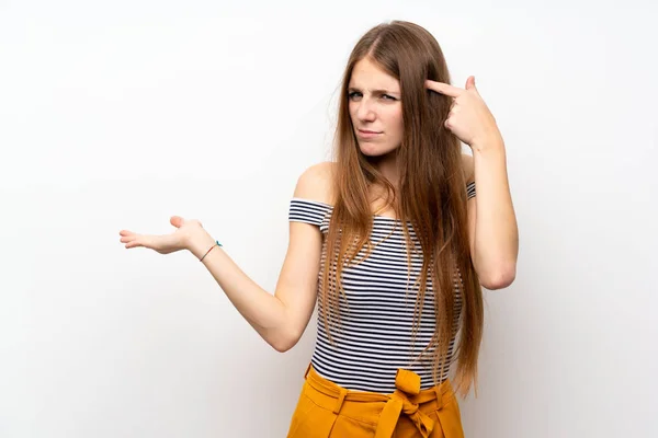 Jeune Femme Aux Cheveux Longs Sur Mur Blanc Isolé Faisant — Photo