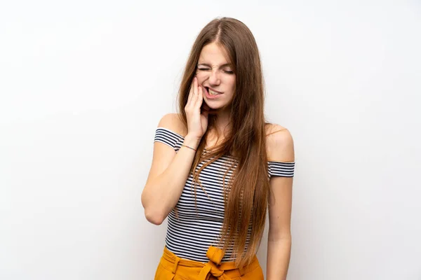 Mujer Joven Con Pelo Largo Sobre Pared Blanca Aislada Con — Foto de Stock