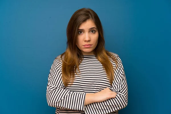 Young Girl Striped Shirt Sad — Stock Photo, Image