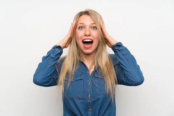 Young Blonde Woman Isolated White Wall Surprise Expression — Stock Photo, Image