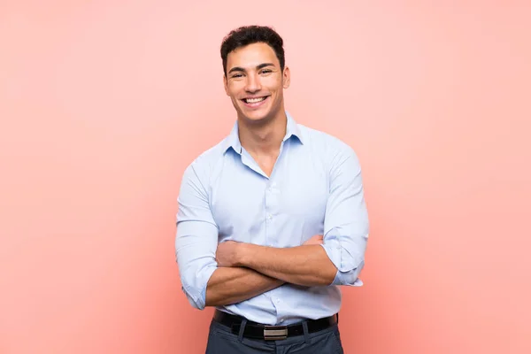 Handsome Man Pink Background Keeping Arms Crossed Frontal Position — Stock Photo, Image