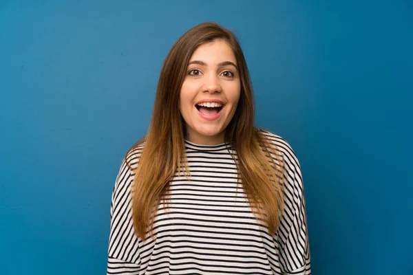 Young Girl Striped Shirt Surprise Facial Expression — Stock Photo, Image