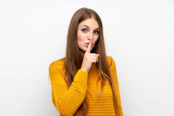 Young Woman Yellow Isolated White Wall Doing Silence Gesture — Stock Photo, Image