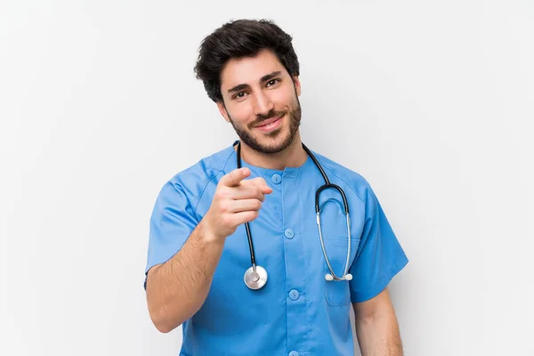 Medico Chirurgo Uomo Oltre Isolato Muro Bianco Punta Dito Contro — Foto Stock