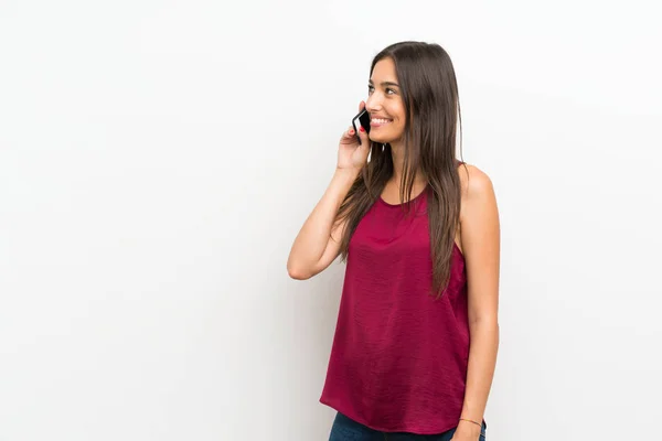 Mujer Joven Sobre Fondo Blanco Aislado Usando Teléfono Móvil —  Fotos de Stock