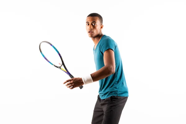 Afro Jugador Tenis Americano Hombre Sobre Fondo Blanco Aislado —  Fotos de Stock