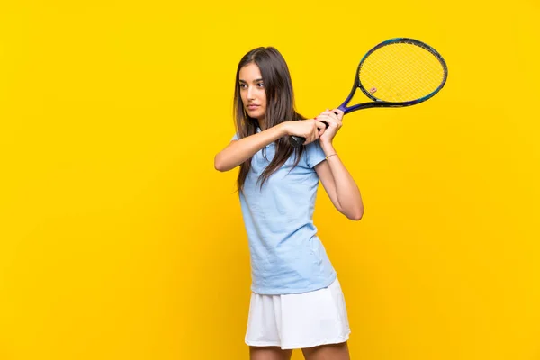 Young Tennis Player Woman Isolated Yellow Wall — Stock Photo, Image