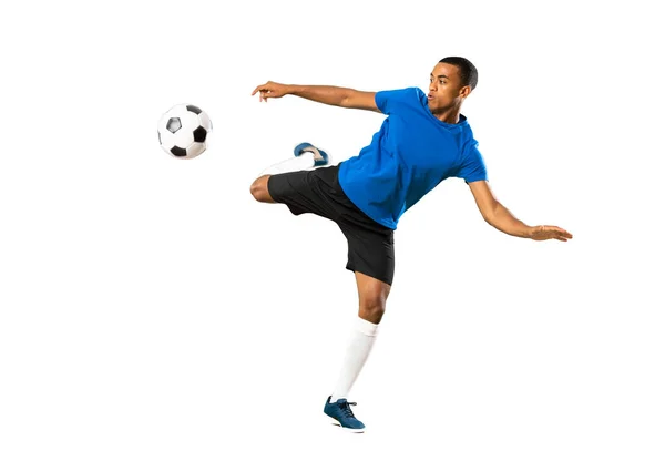 Tiro Completo Homem Jogador Futebol Afro Americano Sobre Fundo Branco — Fotografia de Stock