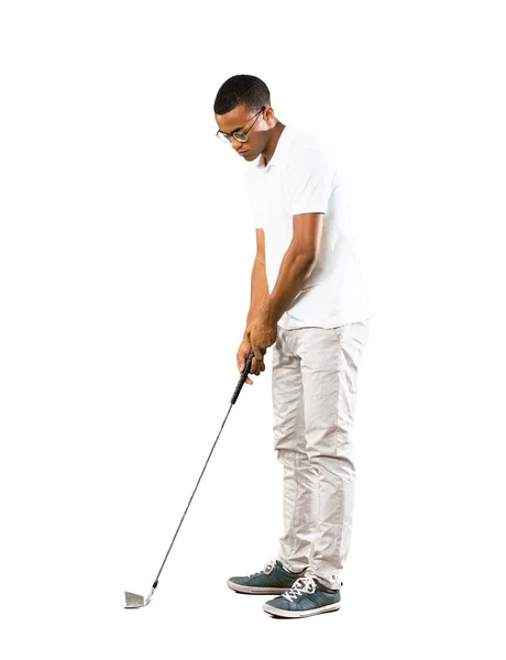 Volledige Schot Van Afro Amerikaanse Golfer Speler Man Geïsoleerde Witte — Stockfoto