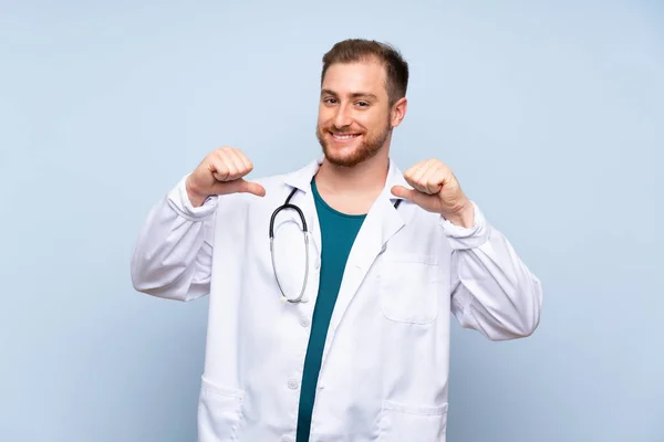 Handsome Doctor Man Blue Wall Proud Self Satisfied — Stock Photo, Image