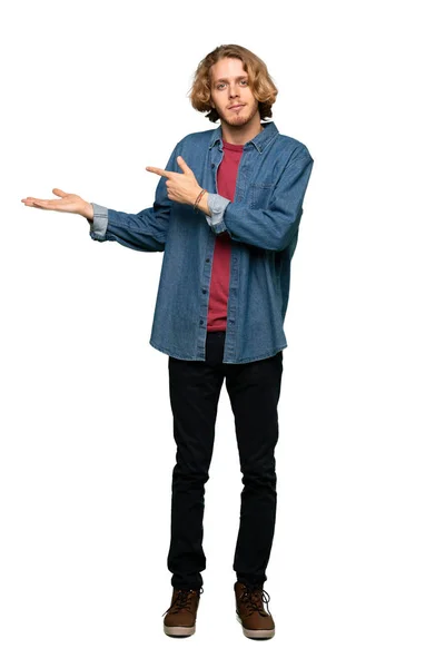 Full Length Shot Blonde Man Holding Copyspace Imaginary Palm Insert — Stock Photo, Image