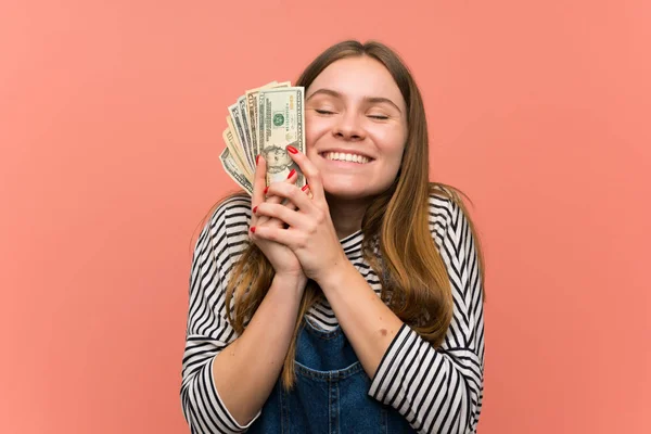 Young Woman Overalls Pink Wall Taking Lot Money — Stock Photo, Image