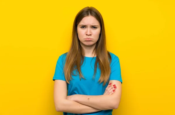 Jonge Vrouw Met Blauw Overhemd Sad — Stockfoto