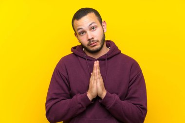Sarı duvar üzerinde sweatshirt ile Kolombiyalı adam birlikte palmiye tutar. Kişi bir şey ister