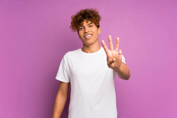 Young African American Man Isolated Purple Wall Happy Counting Three — Stock Photo, Image