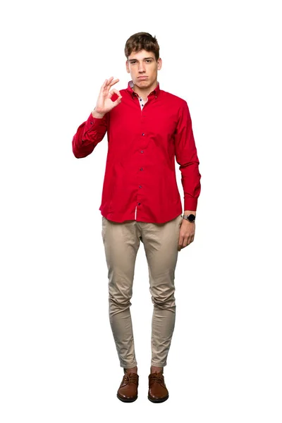 Full Length Shot Handsome Young Man Showing Sign Fingers Isolated — Stock Photo, Image