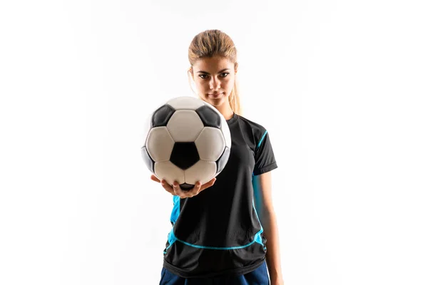 Rubia Jugador Fútbol Adolescente Chica Sobre Fondo Blanco Aislado —  Fotos de Stock