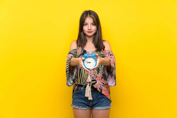 Caucasian Girl Colorful Dress Isolated Yellow Background Holding Vintage Alarm — Stock Photo, Image