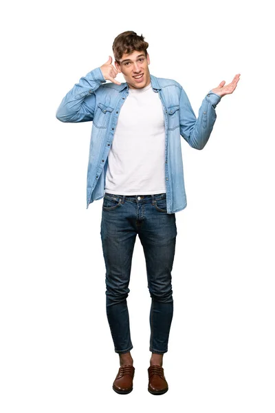 Yakışıklı Bir Genç Adam Telefon Jest Yapma Izole Beyaz Arka — Stok fotoğraf