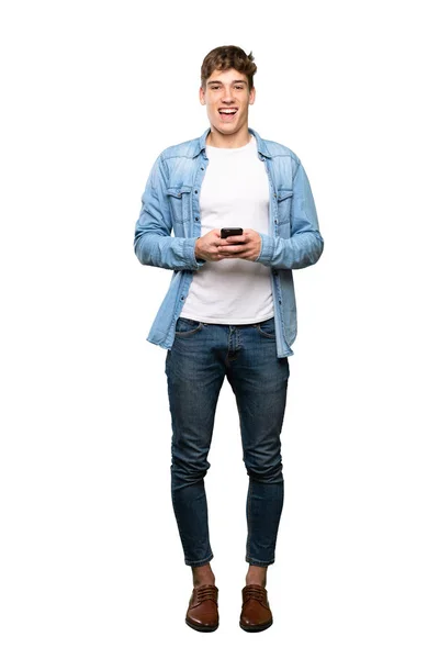 Full Length Shot Handsome Young Man Surprised Sending Message Isolated — Stock Photo, Image