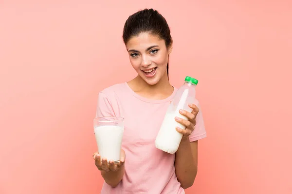 Happy Teenager Girl Isolated Pink Wall Having Breakfast Milk — Stock Photo, Image