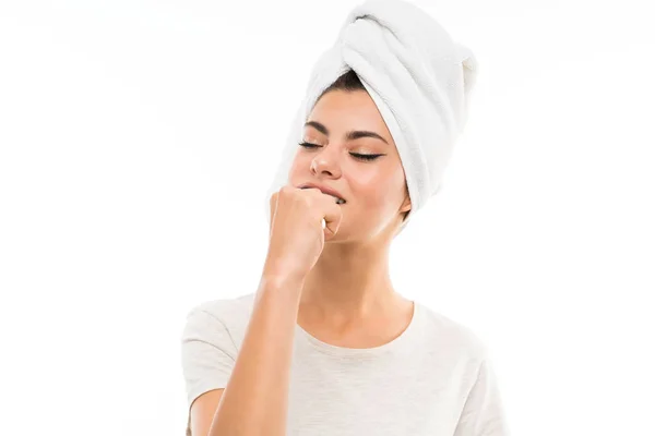 Adolescente Menina Sobre Isolado Branco Fundo Escovando Seus Dentes — Fotografia de Stock