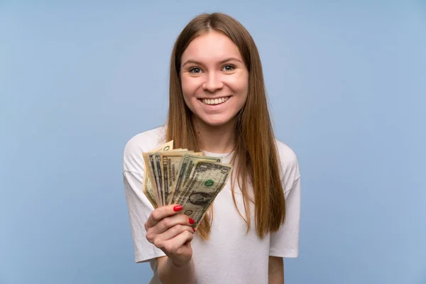 Young Woman Blue Wall Taking Lot Money — Stock Photo, Image