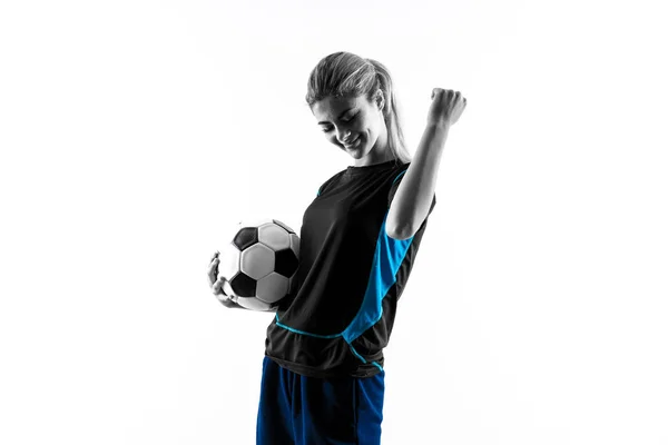 Blonde Football Speler Tiener Meisje Geïsoleerde Witte Achtergrond — Stockfoto