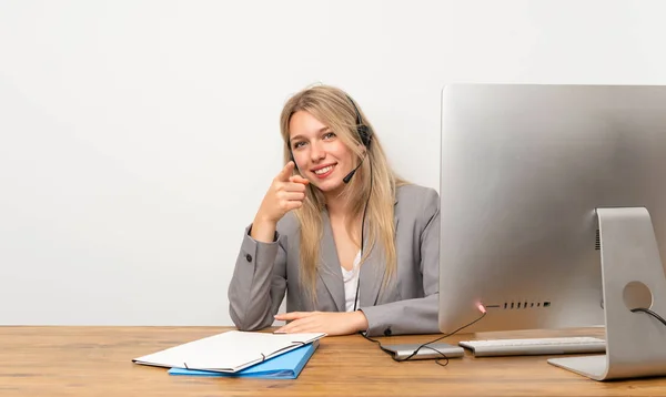 Young Woman Working Headset Points Finger You — Stock Photo, Image