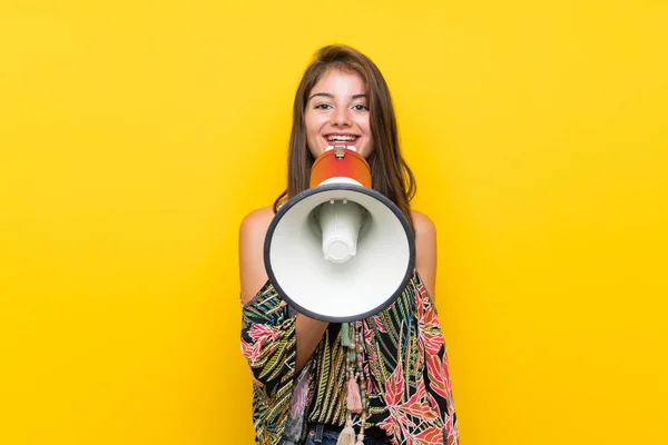 Caucasian Girl Colorful Dress Isolated Yellow Background Shouting Megaphone — Stock Photo, Image