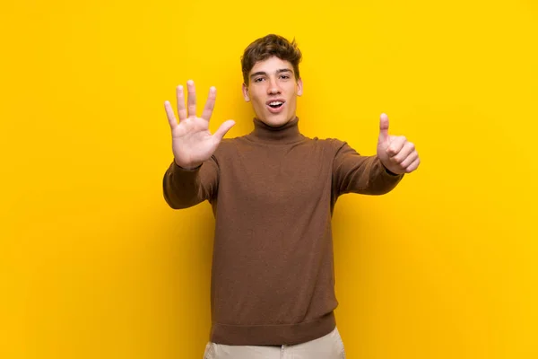 Handsome Young Man Isolated Yellow Background Counting Six Fingers — Stock Photo, Image