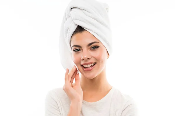 Teenager Girl Isolated White Backgroundremoving Makeup Her Face Cotton Pad — Stock Photo, Image